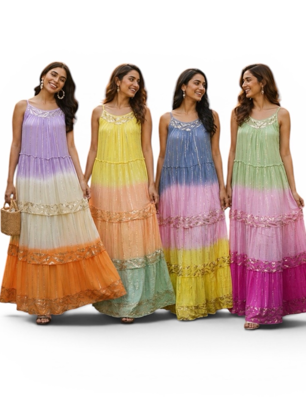 Sienna Boho Rayon Ombre Colorblock Gold Accent Maxi Summer Ruffle Dress